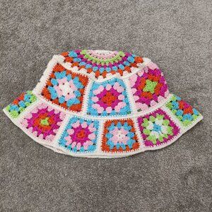 Women's Multicolor Crochet Bucket Hat Summer Beach White Cottagecore Bohemian